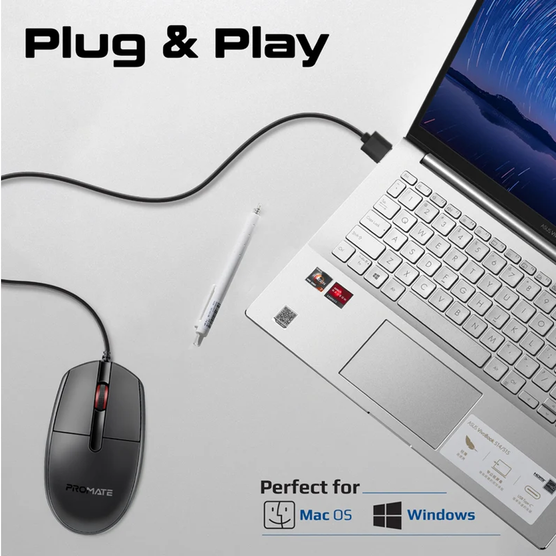 Promate 1200DPI Wired Optical Mouse with USB in Qatar Promate 1200DPI Wired Optical Mouse with USB in Qatar